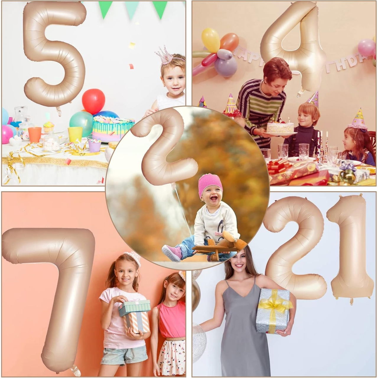 Balon din Folie Metalizata, Flippy, Figurina Cifra, Model 4, Tema Aniversare 100 cm, Ambalaj Individual, Pai Inclus, Umflare cu Aer sau Heliu, Crem [3]