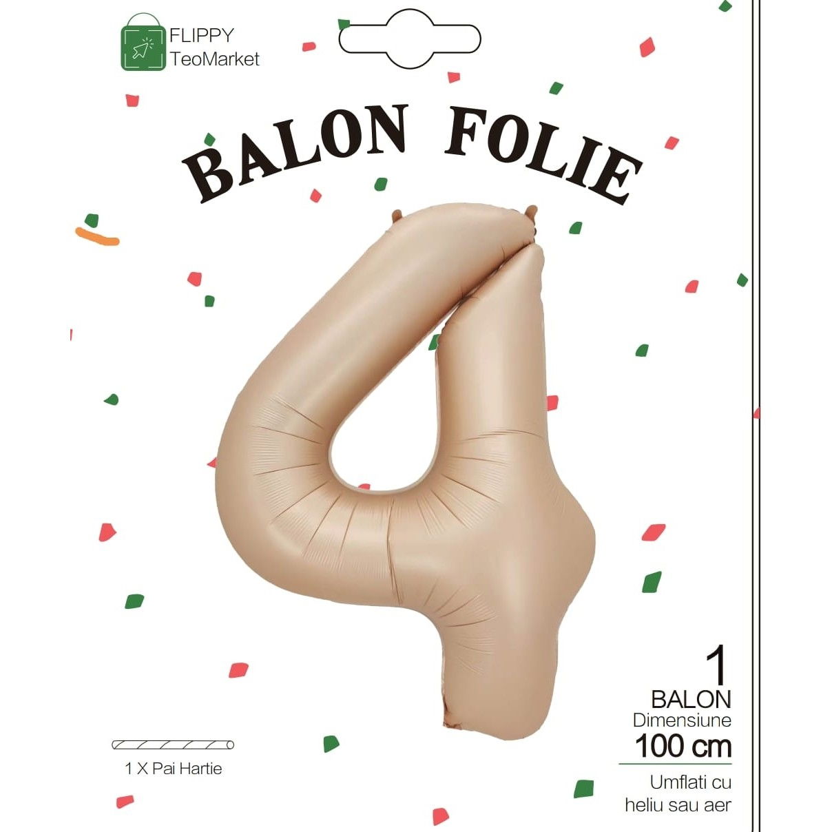 Balon din Folie Metalizata, Flippy, Figurina Cifra, Model 4, Tema Aniversare 100 cm, Ambalaj Individual, Pai Inclus, Umflare cu Aer sau Heliu, Crem [6]