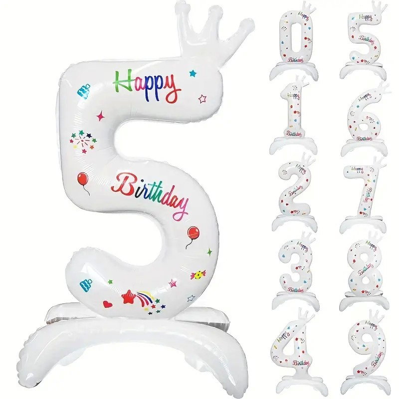 Balon din Folie Metalizata, Flippy, Figurina Cifra, Model 5 cu Happy Birthday Scris, Tema Aniversare 81 cm, Ambalaj Individual, Pai Inclus, Umflare cu Aer sau Heliu, Alb [1]
