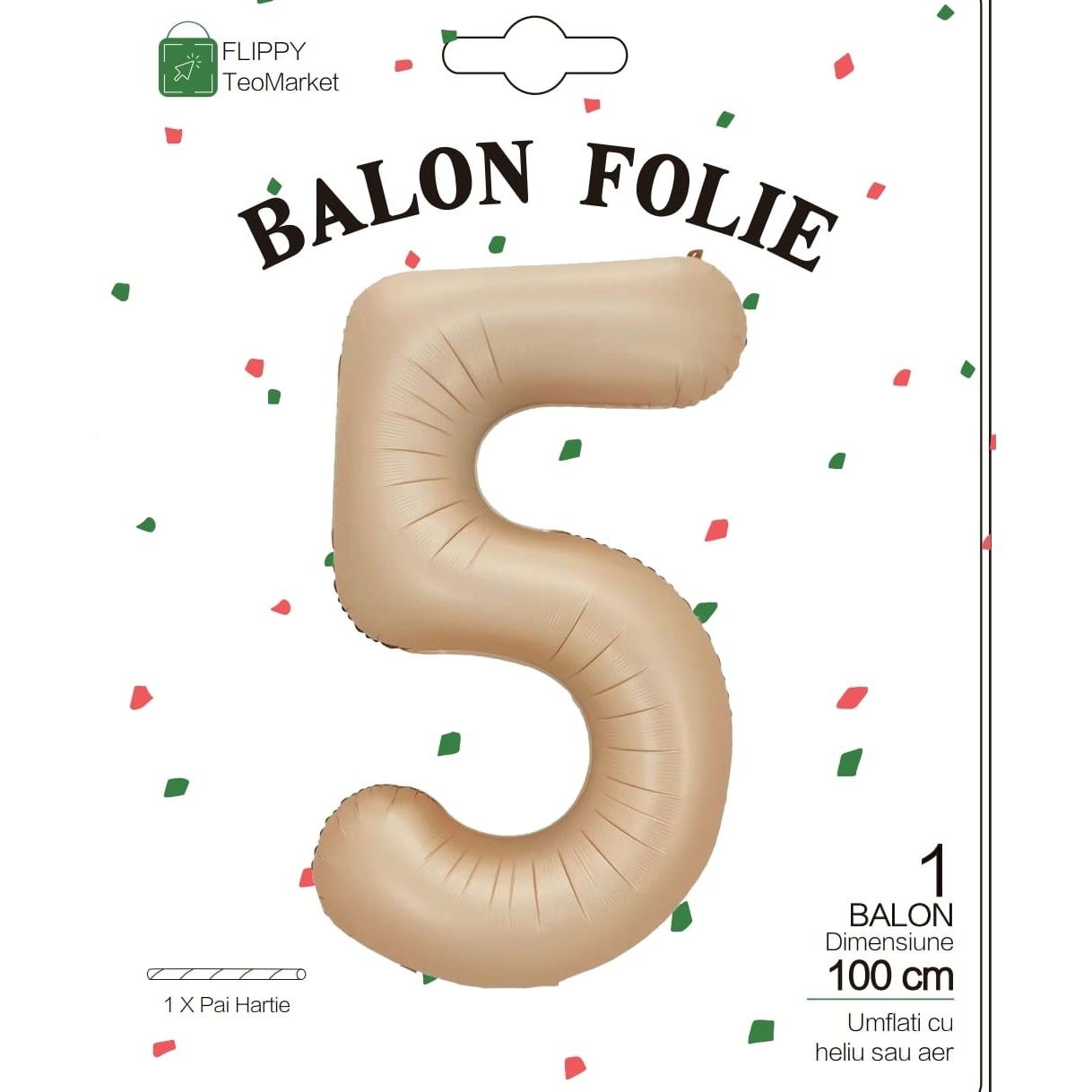 Balon din Folie Metalizata, Flippy, Figurina Cifra, Model 5, Tema Aniversare 100 cm, Ambalaj Individual, Pai Inclus, Umflare cu Aer sau Heliu, Crem [6]