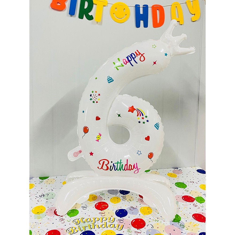 Balon din Folie Metalizata, Flippy, Figurina Cifra, Model 6 cu Happy Birthday Scris, Tema Aniversare 81 cm, Ambalaj Individual, Pai Inclus, Umflare cu Aer sau Heliu, Alb [2]