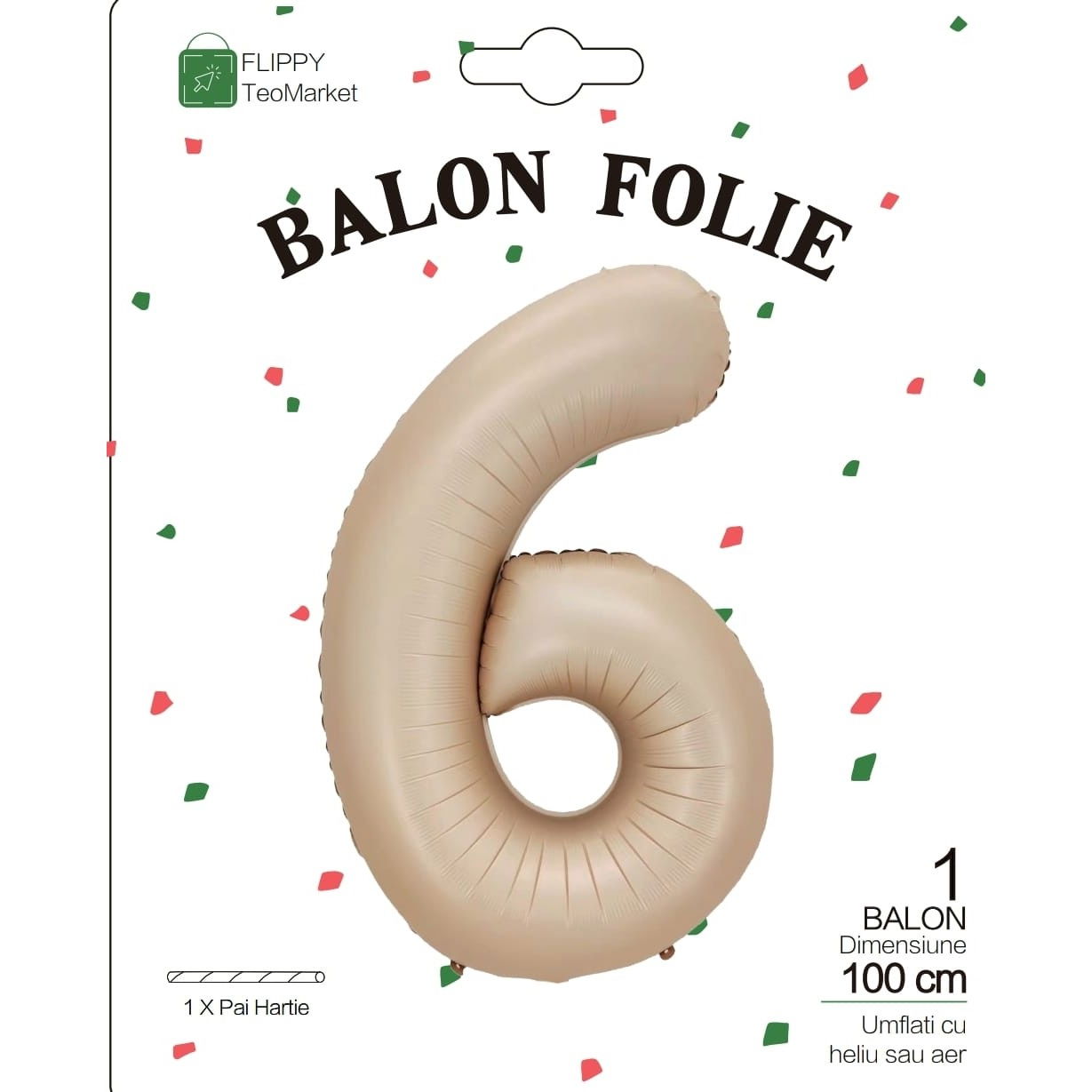 Balon din Folie Metalizata, Flippy, Figurina Cifra, Model 6, Tema Aniversare 100 cm, Ambalaj Individual, Pai Inclus, Umflare cu Aer sau Heliu, Crem [6]