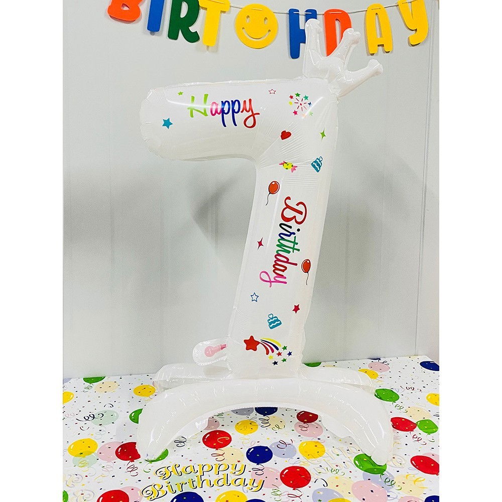 Balon din Folie Metalizata, Flippy, Figurina Cifra, Model 7 cu Happy Birthday Scris, Tema Aniversare 81 cm, Ambalaj Individual, Pai Inclus, Umflare cu Aer sau Heliu, Alb [2]