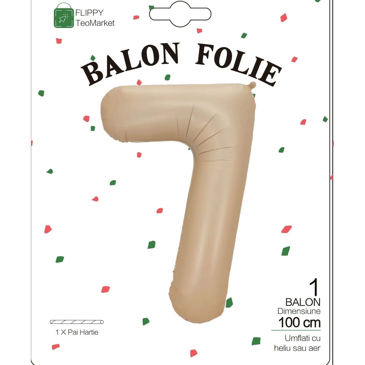 Balon din Folie Metalizata, Flippy, Figurina Cifra, Model 7, Tema Aniversare 100 cm, Ambalaj Individual, Pai Inclus, Umflare cu Aer sau Heliu, Crem [6]