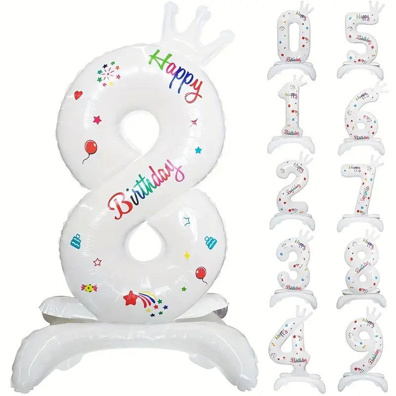 Balon din Folie Metalizata, Flippy, Figurina Cifra, Model 8 cu Happy Birthday Scris, Tema Aniversare 81 cm, Ambalaj Individual, Pai Inclus, Umflare cu Aer sau Heliu, Alb [1]