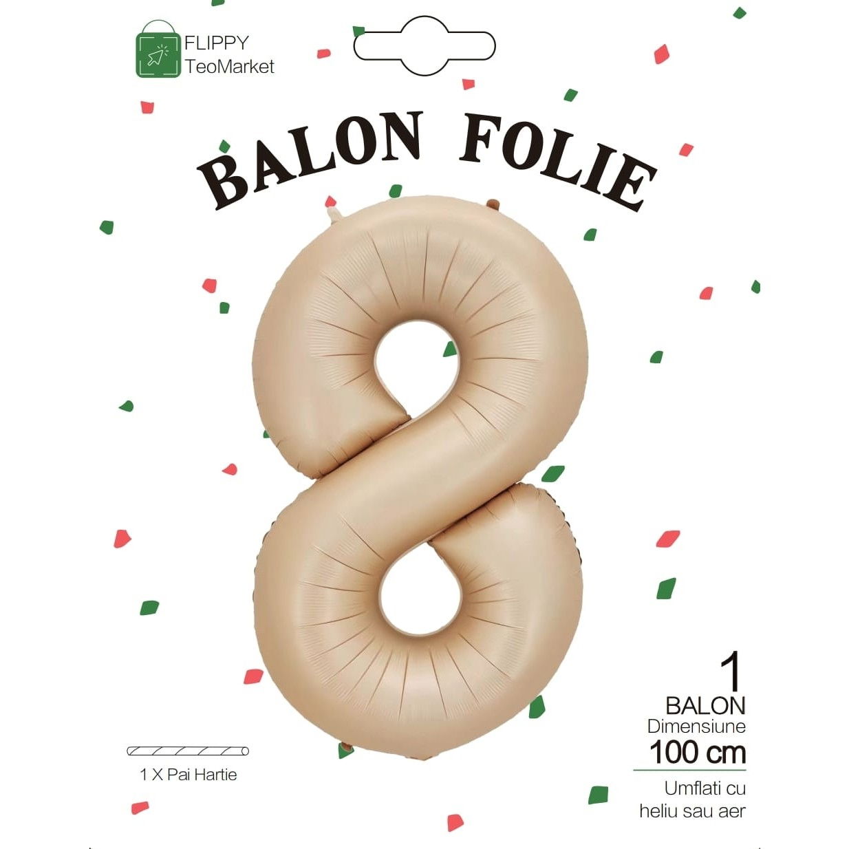 Balon din Folie Metalizata, Flippy, Figurina Cifra, Model 8, Tema Aniversare 100 cm, Ambalaj Individual, Pai Inclus, Umflare cu Aer sau Heliu, Crem [6]