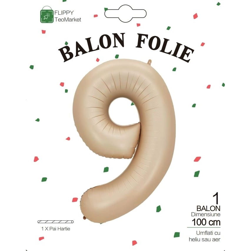 Balon din Folie Metalizata, Flippy, Figurina Cifra, Model 9, Tema Aniversare 100 cm, Ambalaj Individual, Pai Inclus, Umflare cu Aer sau Heliu, Crem [6]