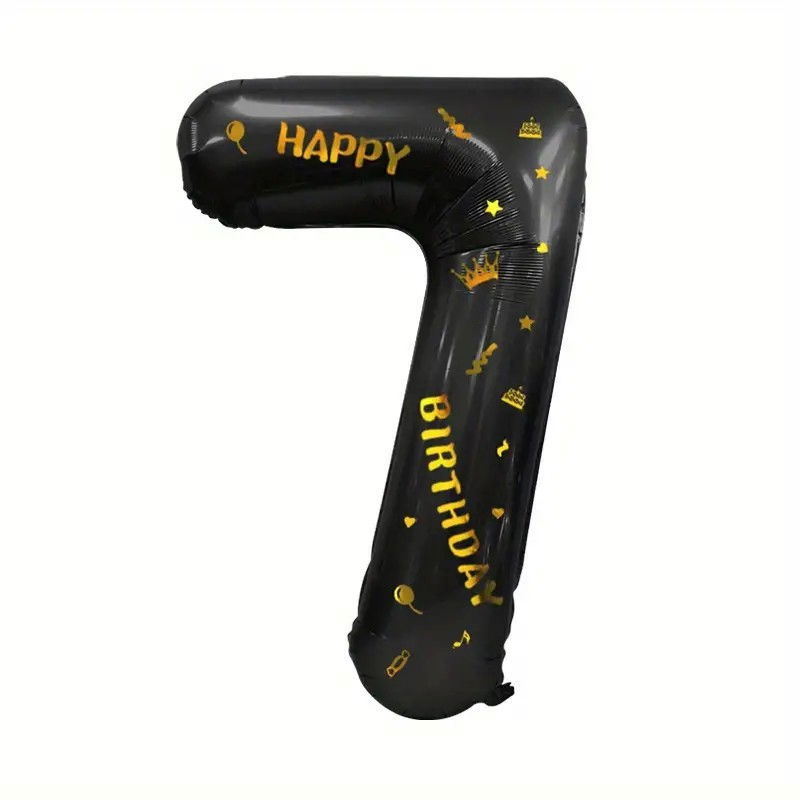 Balon din Folie Metalizata Flippy, Figurina Cifra, Scris Happy Birthday, Tema Aniversare 100 cm, Ambalaj Individual, Pai inclus, Umflare cu Aer sau Heliu, Negru, Cifra 7 [1]