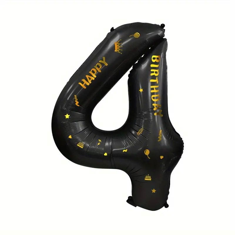 Balon din Folie Metalizata Flippy, Figurina Cifra, Scris Happy Birthday, Tema Aniversare 100 cm, Ambalaj Individual, Pai inclus, Umflare cu Aer sau Heliu, Negru, Cifra 4 [1]