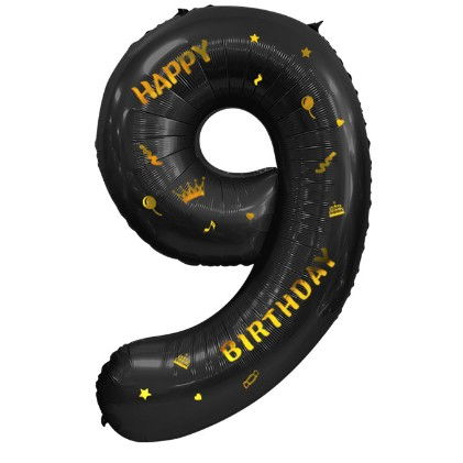 Balon din Folie Metalizata Flippy, Figurina Cifra, Scris Happy Birthday, Tema Aniversare 100 cm, Ambalaj Individual, Pai inclus, Umflare cu Aer sau Heliu, Negru, Cifra 9 [3]