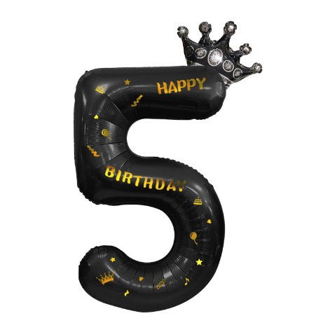 Balon din Folie Metalizata Flippy, Figurina Cifra si Coroana, Scris Happy Birthday, Tema Aniversare 100 cm, Ambalaj Individual, Pai inclus, Umflare cu Aer sau Heliu, Negru, Cifra 5 [6]