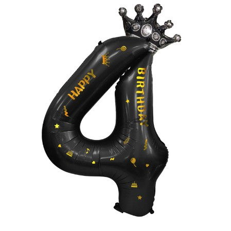 Balon din Folie Metalizata Flippy, Figurina Cifra si Coroana, Scris Happy Birthday, Tema Aniversare 100 cm, Ambalaj Individual, Pai inclus, Umflare cu Aer sau Heliu, Negru, Cifra 4 [7]