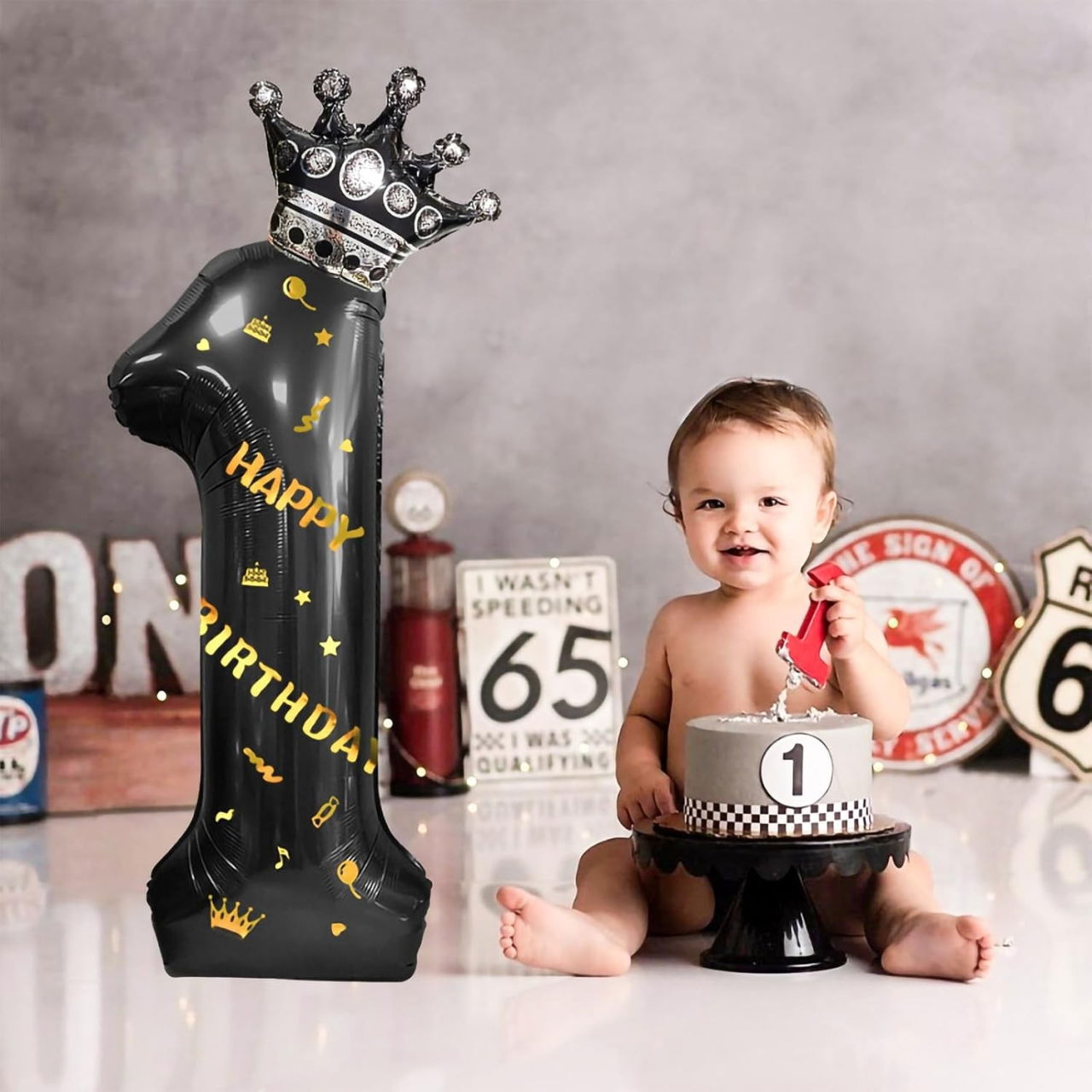 Balon din Folie Metalizata Flippy, Figurina Cifra si Coroana, Scris Happy Birthday, Tema Aniversare 100 cm, Ambalaj Individual, Pai inclus, Umflare cu Aer sau Heliu, Negru, Cifra 1 [9]