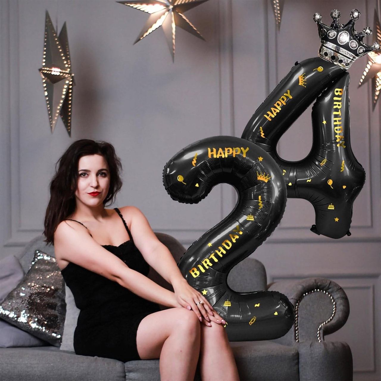 Balon din Folie Metalizata Flippy, Figurina Cifra si Coroana, Scris Happy Birthday, Tema Aniversare 100 cm, Ambalaj Individual, Pai inclus, Umflare cu Aer sau Heliu, Negru, Cifra 2 [8]