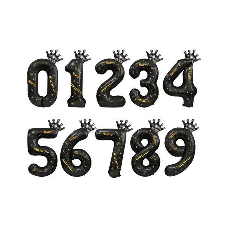 Balon din Folie Metalizata Flippy, Figurina Cifra si Coroana, Scris Happy Birthday, Tema Aniversare 100 cm, Ambalaj Individual, Pai inclus, Umflare cu Aer sau Heliu, Negru, Cifra 7 [4]