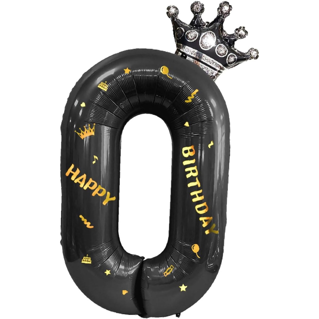 Balon din Folie Metalizata Flippy, Figurina Cifra si Coroana, Scris Happy Birthday, Tema Aniversare 100 cm, Ambalaj Individual, Pai inclus, Umflare cu Aer sau Heliu, Negru, Cifra 0 [1]