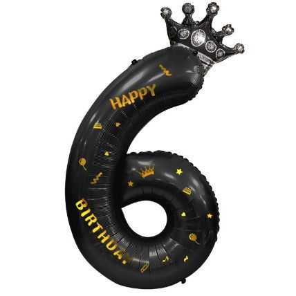 Balon din Folie Metalizata Flippy, Figurina Cifra si Coroana, Scris Happy Birthday, Tema Aniversare 100 cm, Ambalaj Individual, Pai inclus, Umflare cu Aer sau Heliu, Negru, Cifra 6 [7]
