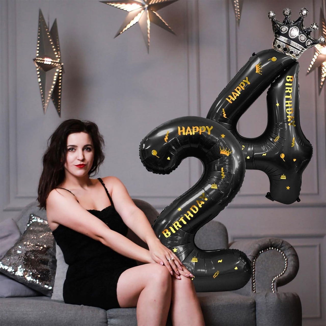 Balon din Folie Metalizata Flippy, Figurina Cifra si Coroana, Scris Happy Birthday, Tema Aniversare 100 cm, Ambalaj Individual, Pai inclus, Umflare cu Aer sau Heliu, Negru, Cifra 4 [8]