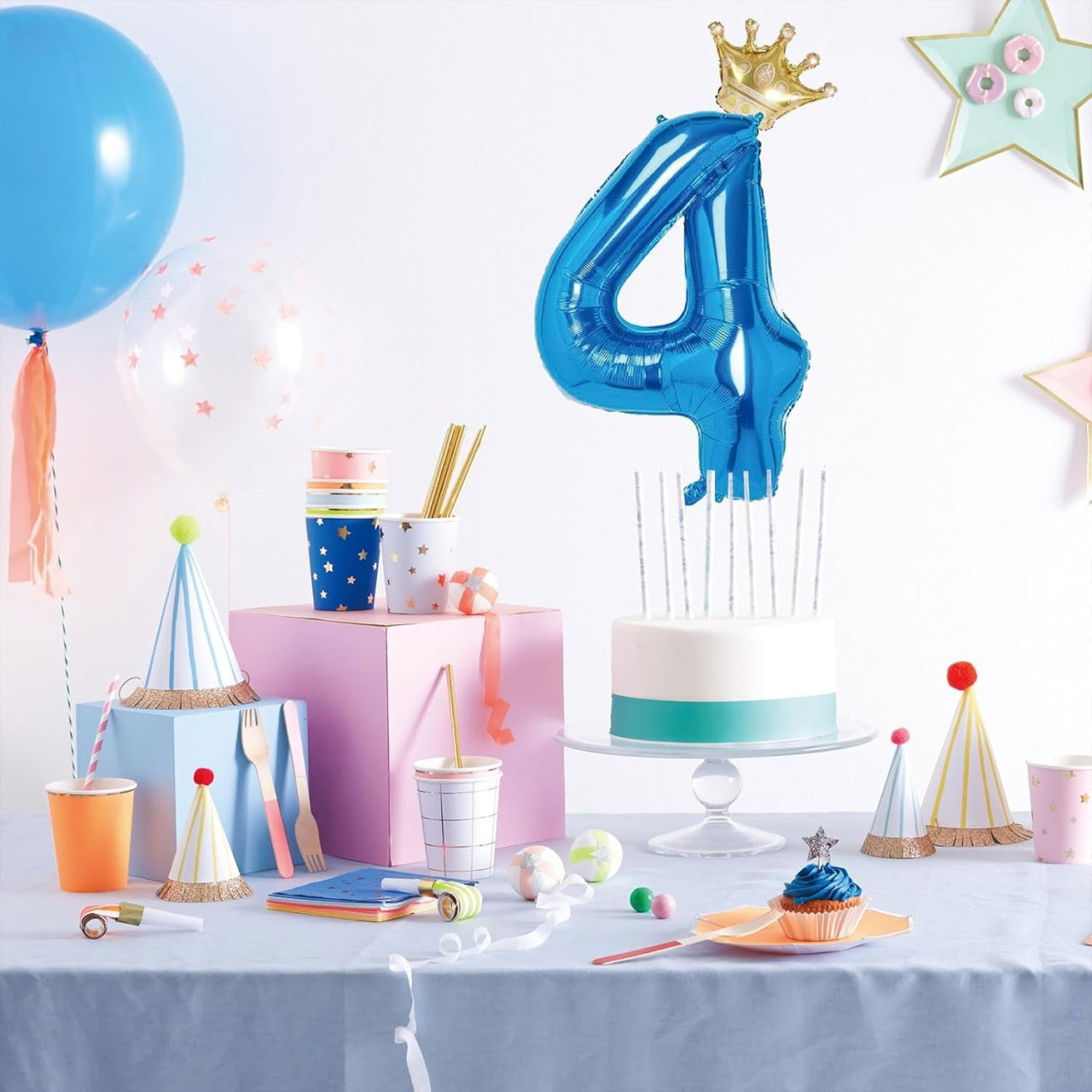 Balon din Folie Metalizata Flippy, Figurina Cifra si Coroana, Tema Aniversare 100 cm, Ambalaj Individual, Pai inclus, Umflare cu Aer sau Heliu, Albastru, Cifra 4 [3]