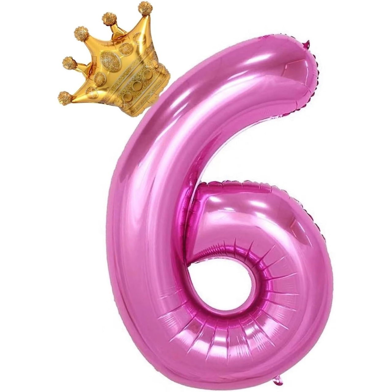Balon din Folie Metalizata Flippy, Figurina Cifra si Coroana, Tema Aniversare 100 cm, Ambalaj Individual, Pai inclus, Umflare cu Aer sau Heliu, Roz, Cifra 6 [4]