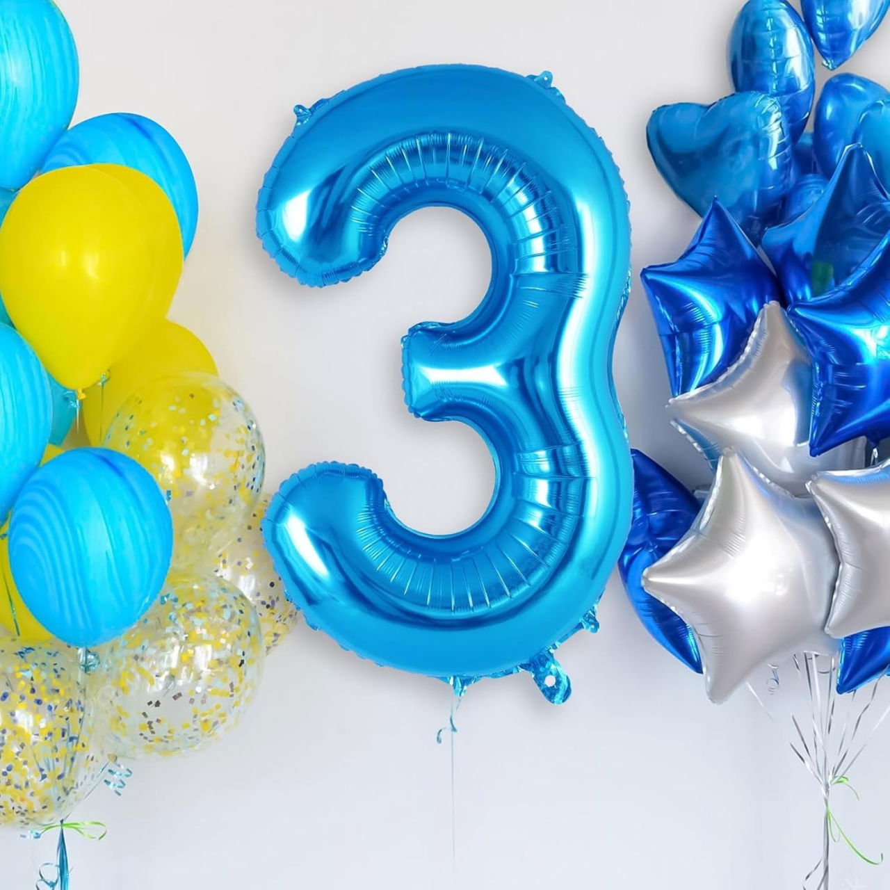 Balon din Folie Metalizata, Flippy, Figurina Cifra, Tema Aniversare 100 cm, Ambalaj Individual, Pai inclus, Umflare cu Aer sau Heliu, Albastru, Cifra 3 [5]