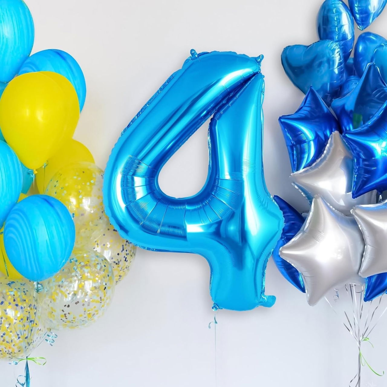 Balon din Folie Metalizata, Flippy, Figurina Cifra, Tema Aniversare 100 cm, Ambalaj Individual, Pai inclus, Umflare cu Aer sau Heliu, Albastru, Cifra 4 [3]