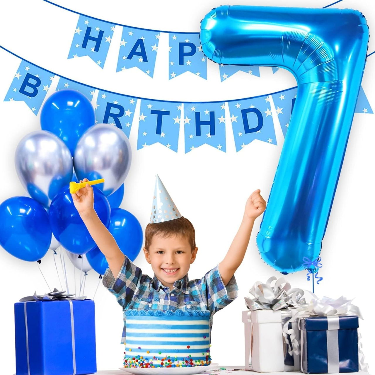 Balon din Folie Metalizata, Flippy, Figurina Cifra, Tema Aniversare 100 cm, Ambalaj Individual, Pai inclus, Umflare cu Aer sau Heliu, Albastru, Cifra 7 [3]