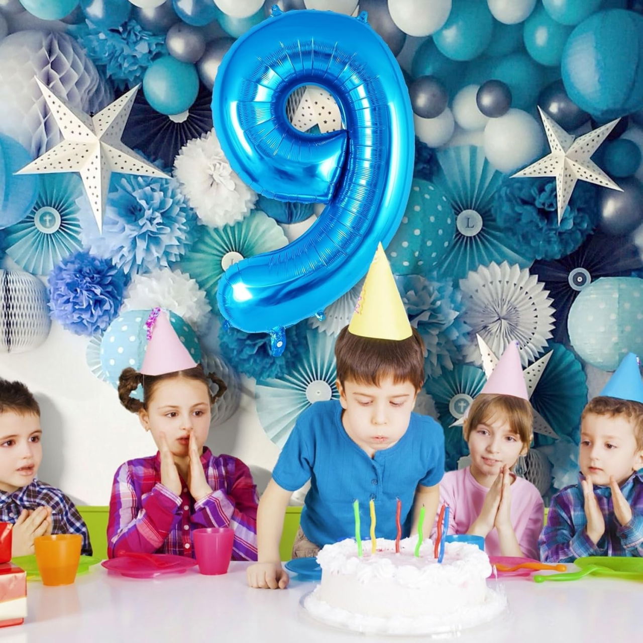 Balon din Folie Metalizata, Flippy, Figurina Cifra, Tema Aniversare 100 cm, Ambalaj Individual, Pai inclus, Umflare cu Aer sau Heliu, Albastru, Cifra 9 [4]