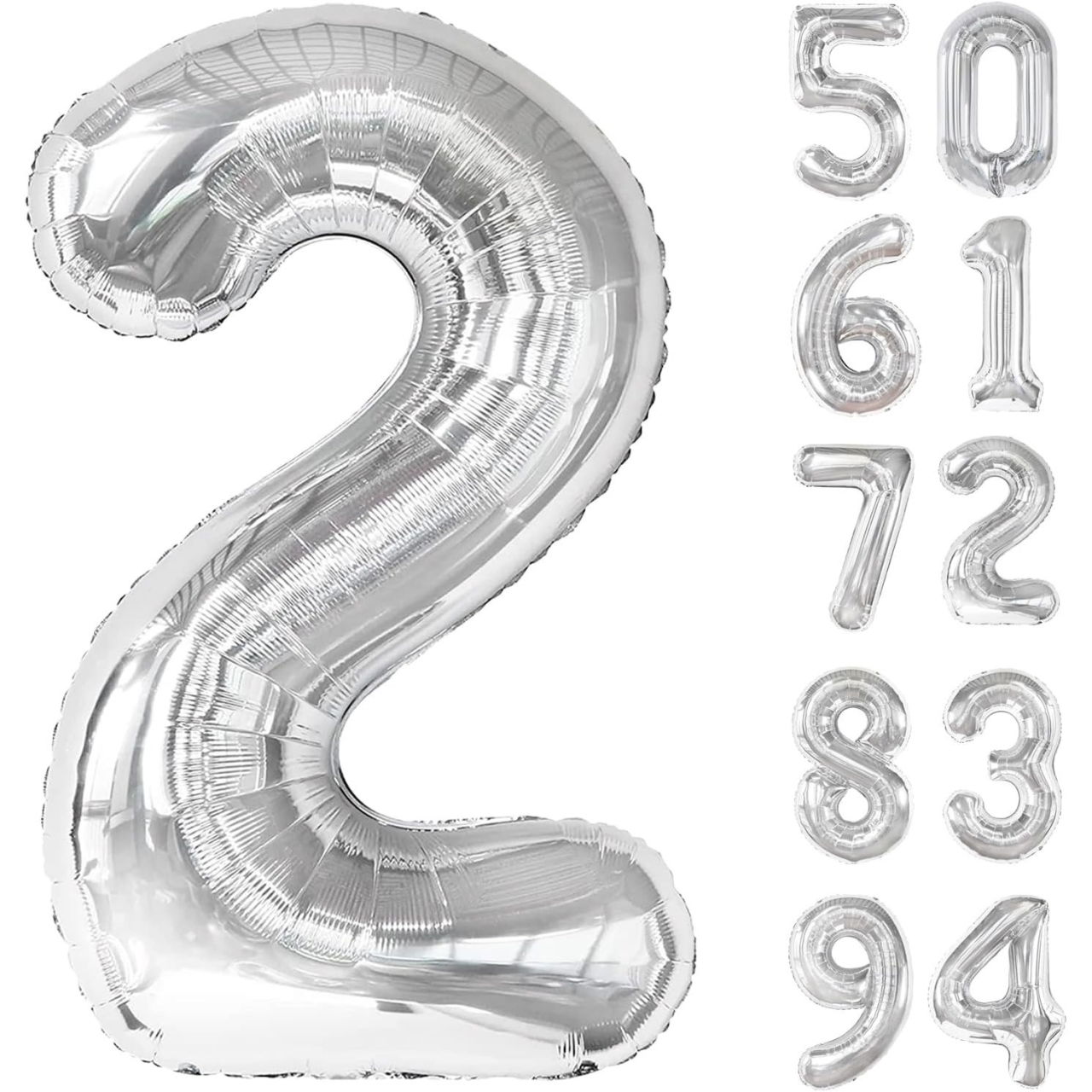 Balon din Folie Metalizata, Flippy, Figurina Cifra, Tema Aniversare 100 cm, Ambalaj Individual, Pai inclus, Umflare cu Aer sau Heliu, Argintiu, Cifra 2 [8]