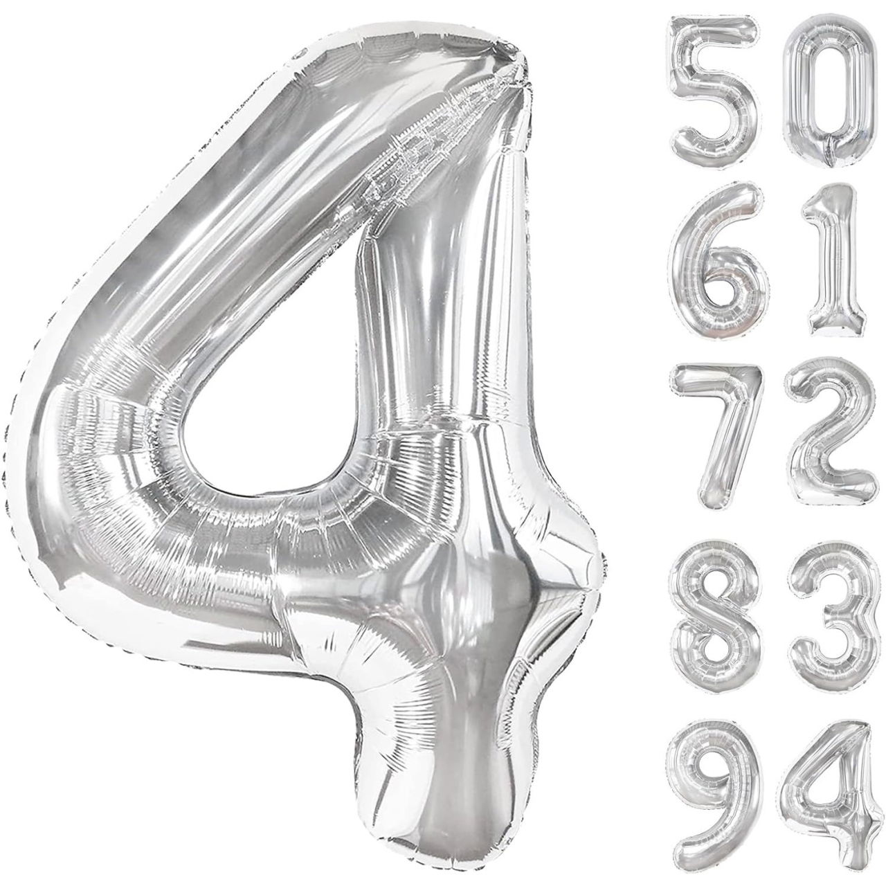 Balon din Folie Metalizata, Flippy, Figurina Cifra, Tema Aniversare 100 cm, Ambalaj Individual, Pai inclus, Umflare cu Aer sau Heliu, Argintiu, Cifra 4 [2]