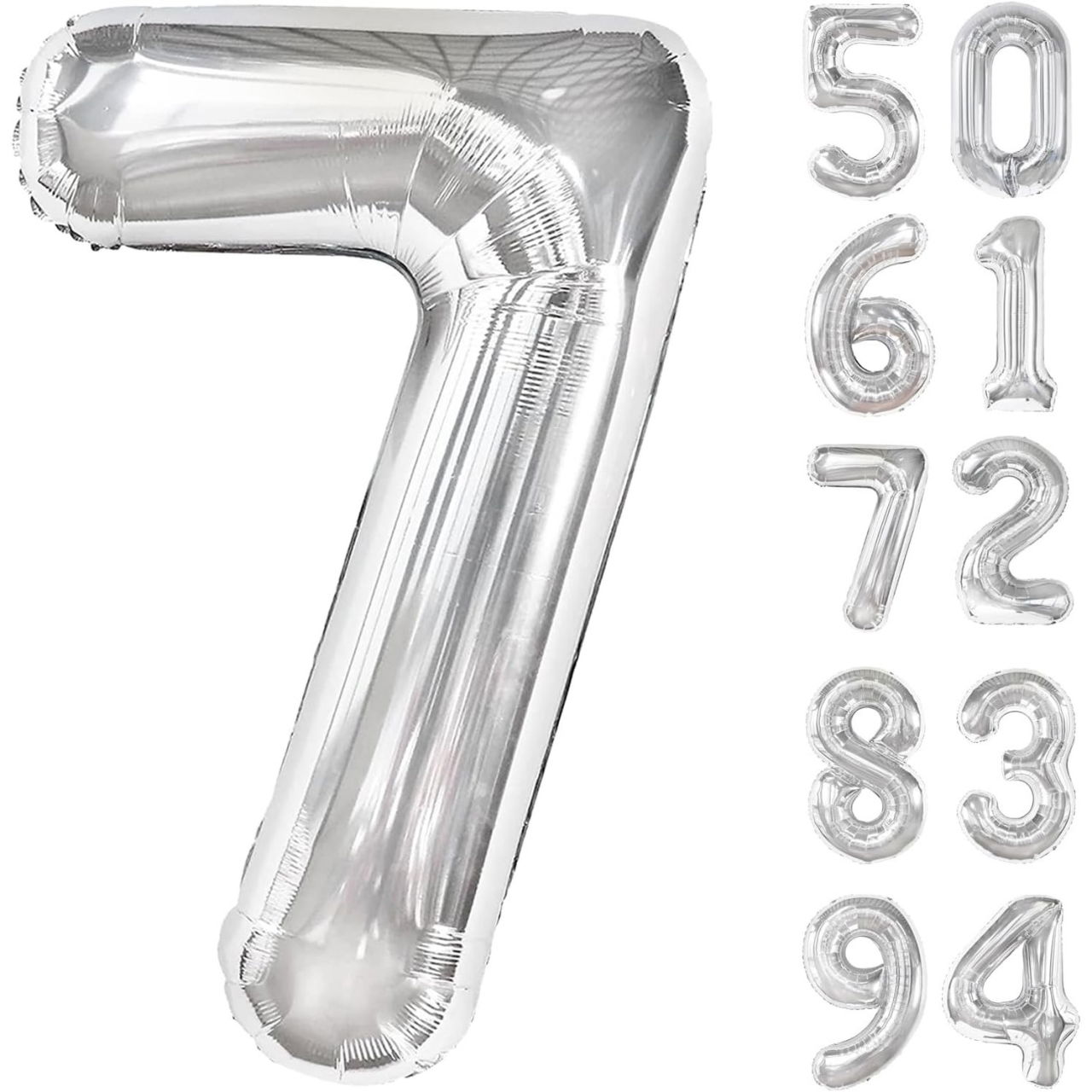 Balon din Folie Metalizata, Flippy, Figurina Cifra, Tema Aniversare 100 cm, Ambalaj Individual, Pai inclus, Umflare cu Aer sau Heliu, Argintiu, Cifra 7 [4]