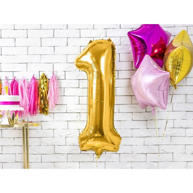 Balon din Folie Metalizata Flippy, Figurina Cifra, Tema Aniversare 100 cm, Ambalaj Individual, Pai inclus, Umflare cu Aer sau Heliu, Auriu, Cifra 1 [3]