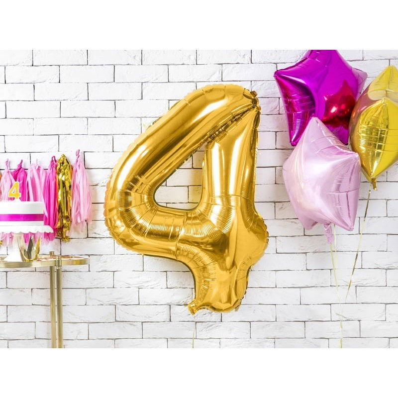 Balon din Folie Metalizata Flippy, Figurina Cifra, Tema Aniversare 100 cm, Ambalaj Individual, Pai inclus, Umflare cu Aer sau Heliu, Auriu, Cifra 4 [2]
