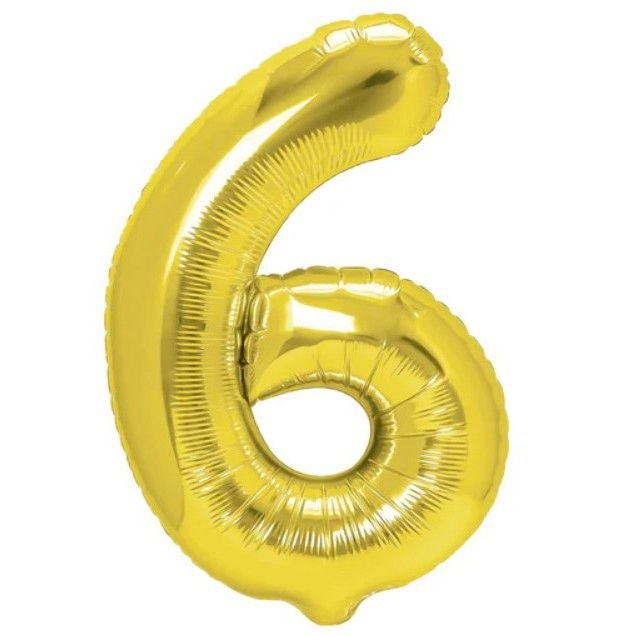 Balon din Folie Metalizata Flippy, Figurina Cifra, Tema Aniversare 100 cm, Ambalaj Individual, Pai inclus, Umflare cu Aer sau Heliu, Auriu, Cifra 6 [1]