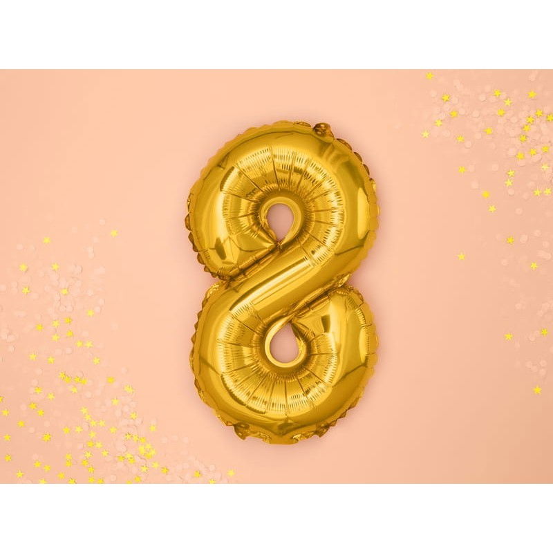 Balon din Folie Metalizata Flippy, Figurina Cifra, Tema Aniversare 100 cm, Ambalaj Individual, Pai inclus, Umflare cu Aer sau Heliu, Auriu, Cifra 8 [2]