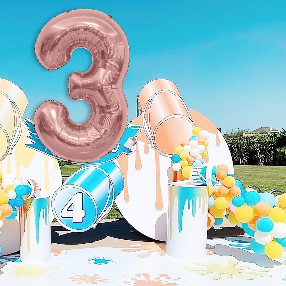 Balon din Folie Metalizata Flippy, Figurina Cifra, Tema Aniversare 100 cm, Ambalaj Individual, Pai inclus, Umflare cu Aer sau Heliu, Coral, Rose Gold, Cifra 3 [7]