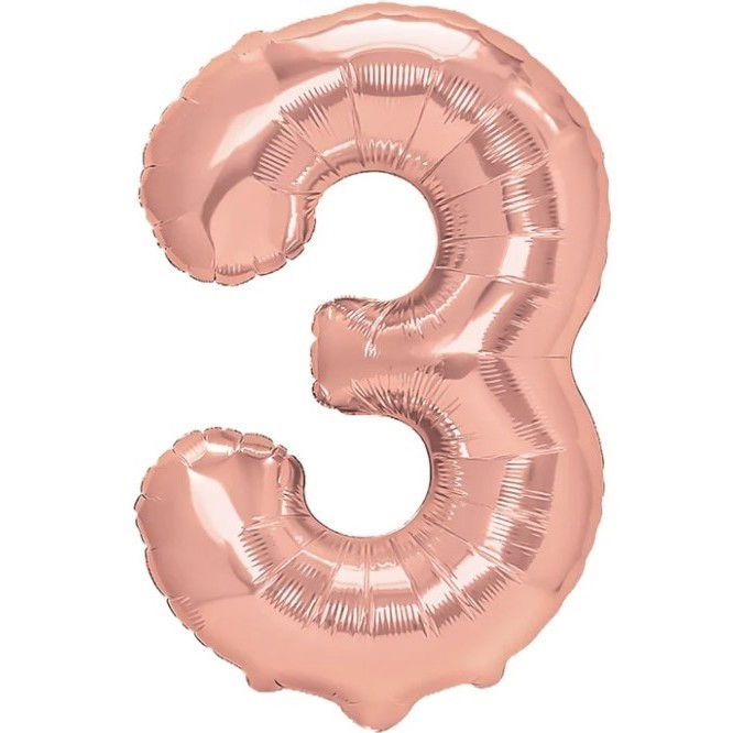 Balon din Folie Metalizata Flippy, Figurina Cifra, Tema Aniversare 100 cm, Ambalaj Individual, Pai inclus, Umflare cu Aer sau Heliu, Coral, Rose Gold, Cifra 3 [1]
