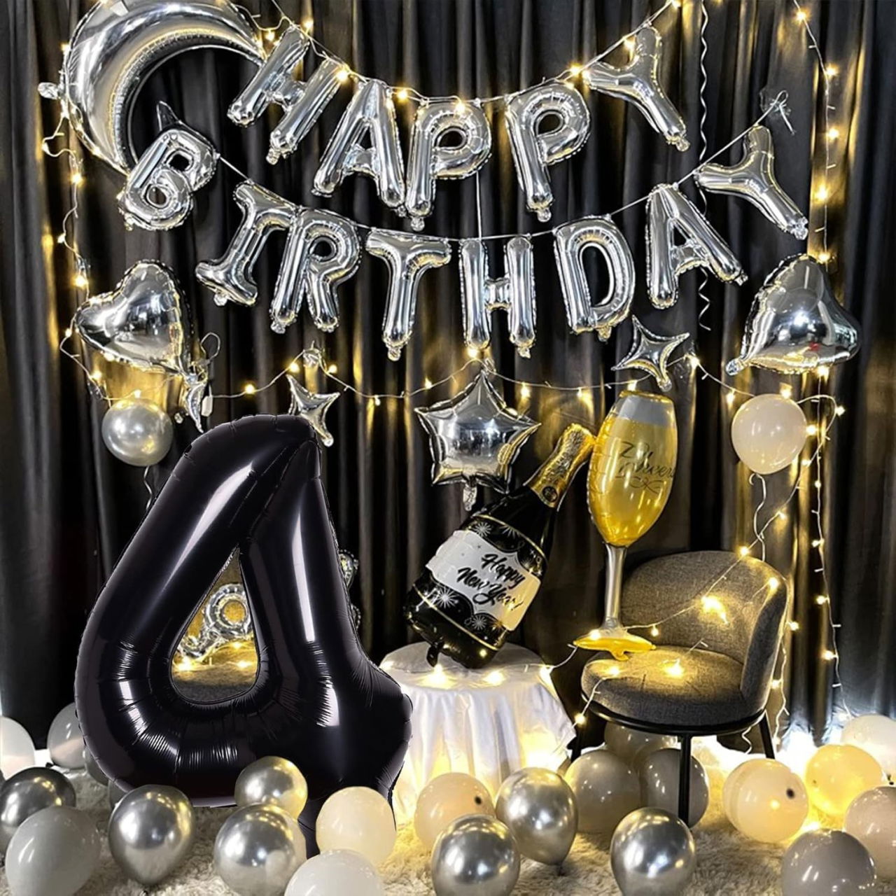 Balon din Folie Metalizata, Flippy, Figurina Cifra, Tema Aniversare 100 cm, Ambalaj Individual, Pai inclus, Umflare cu Aer sau Heliu, Negru, Cifra 4 [7]