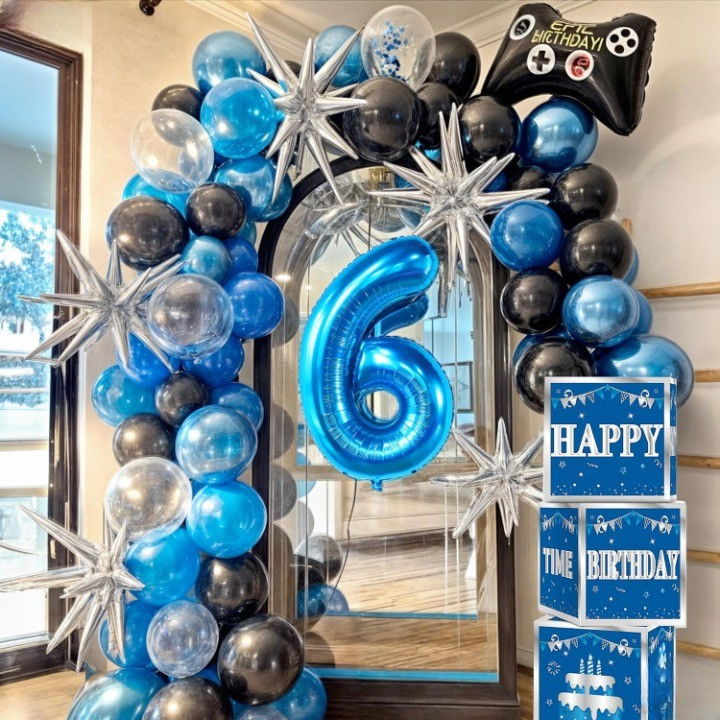 Balon din Folie Metalizata Flippy, Figurina Cifra, Tema Aniversare 40 cm, Ambalaj Individual, Pai inclus, Umflare cu Aer sau Heliu, Albastru, Cifra 6 [3]