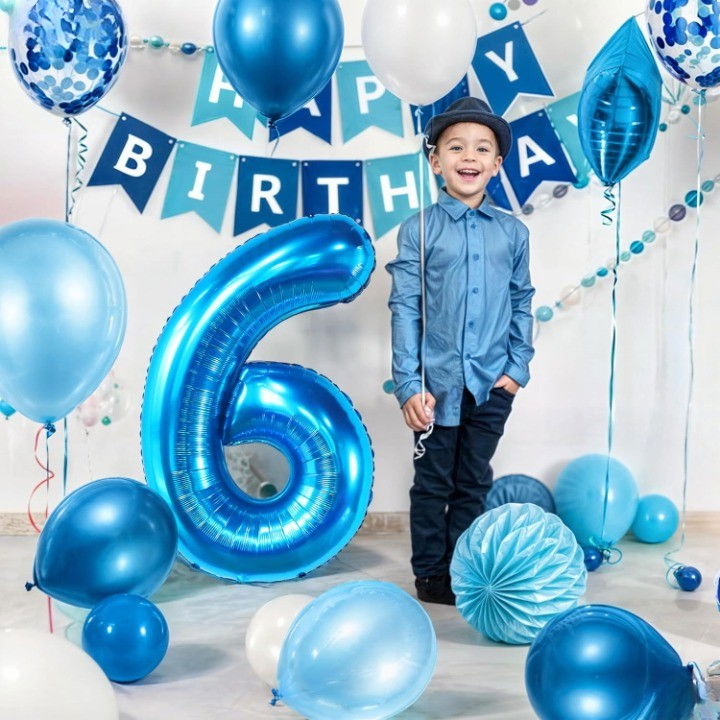 Balon din Folie Metalizata Flippy, Figurina Cifra, Tema Aniversare 40 cm, Ambalaj Individual, Pai inclus, Umflare cu Aer sau Heliu, Albastru, Cifra 6 [4]