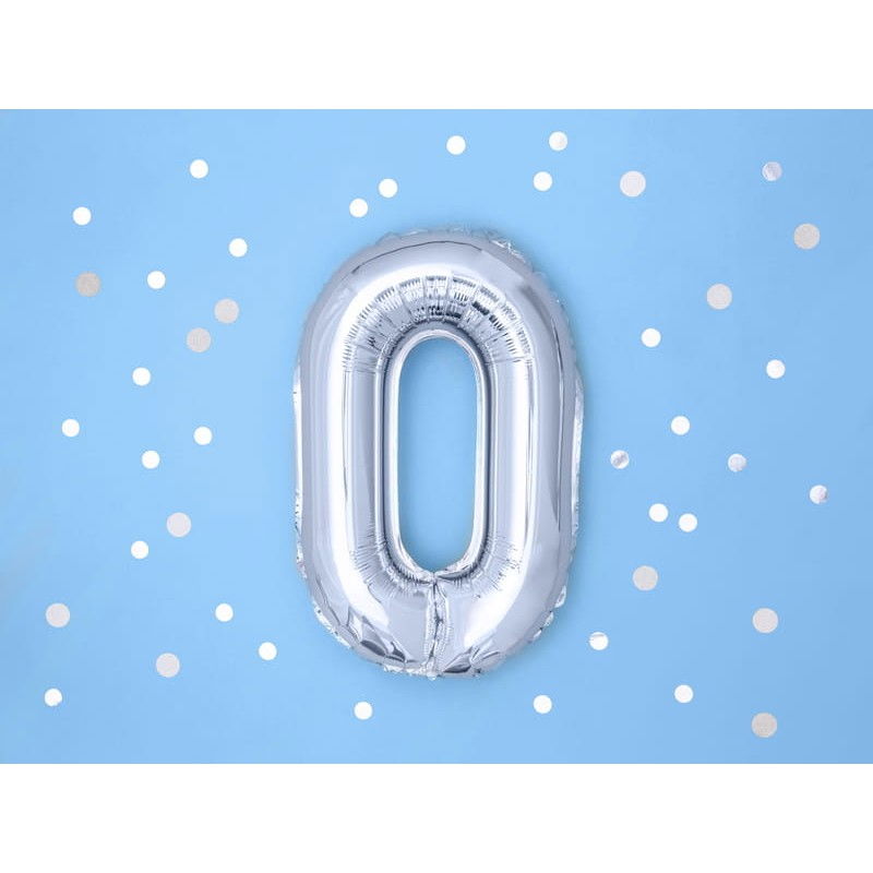 Balon din Folie Metalizata, Flippy, Figurina Cifra, Tema Aniversare 40 cm, Ambalaj Individual, Pai inclus, Umflare cu Aer sau Heliu, Argintiu, Cifra 0 [9]