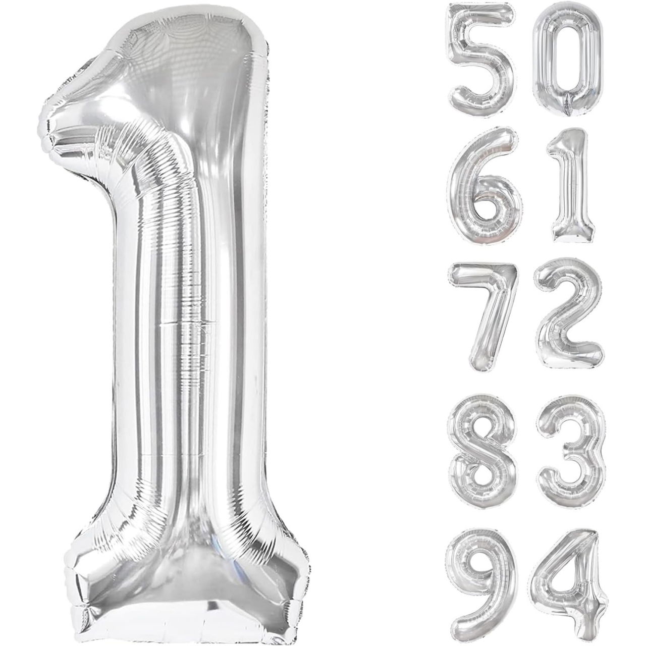 Balon din Folie Metalizata, Flippy, Figurina Cifra, Tema Aniversare 40 cm, Ambalaj Individual, Pai inclus, Umflare cu Aer sau Heliu, Argintiu, Cifra 1 [8]