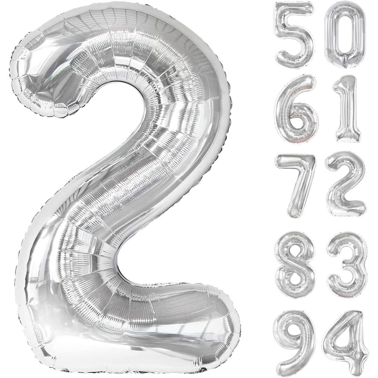 Balon din Folie Metalizata, Flippy, Figurina Cifra, Tema Aniversare 40 cm, Ambalaj Individual, Pai inclus, Umflare cu Aer sau Heliu, Argintiu, Cifra 2 [11]