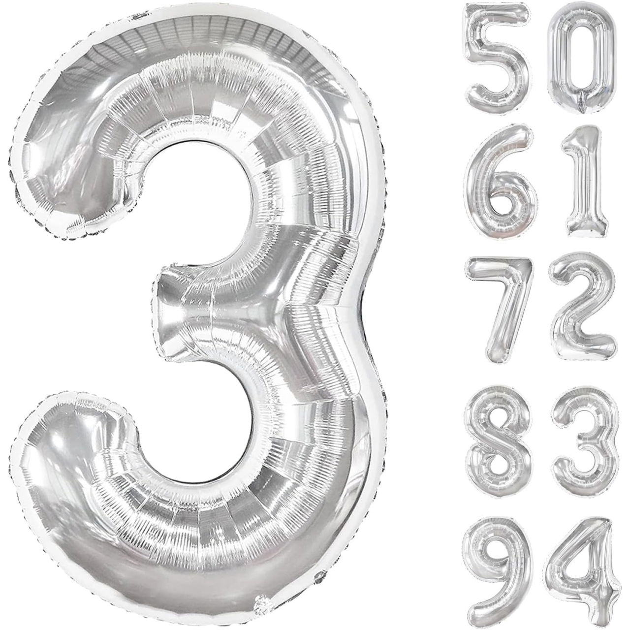 Balon din Folie Metalizata Flippy, Figurina Cifra, Tema Aniversare 40 cm, Ambalaj Individual, Pai inclus, Umflare cu Aer sau Heliu, Argintiu, Cifra 3 [9]