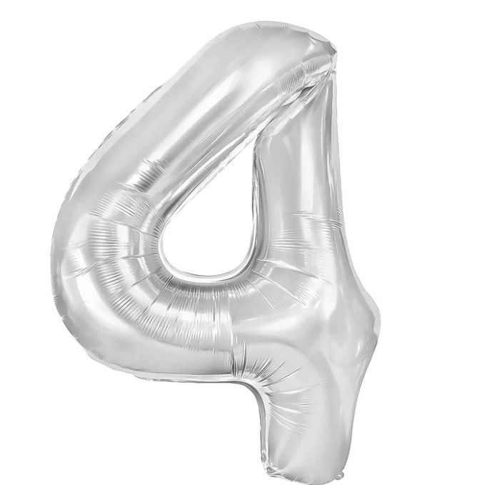 Balon din Folie Metalizata, Flippy, Figurina Cifra, Tema Aniversare 40 cm, Ambalaj Individual, Pai inclus, Umflare cu Aer sau Heliu, Argintiu, Cifra 4 [1]
