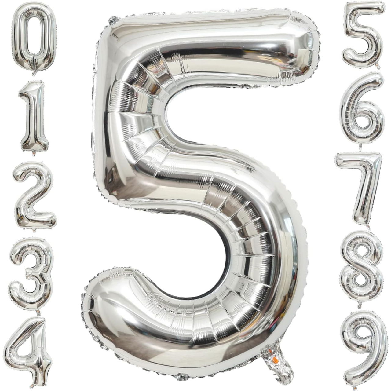 Balon din Folie Metalizata Flippy, Figurina Cifra, Tema Aniversare 40 cm, Ambalaj Individual, Pai inclus, Umflare cu Aer sau Heliu, Argintiu, Cifra 5 [7]