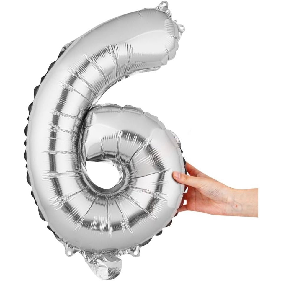 Balon din Folie Metalizata Flippy, Figurina Cifra, Tema Aniversare 40 cm, Ambalaj Individual, Pai inclus, Umflare cu Aer sau Heliu, Argintiu, Cifra 6 [4]