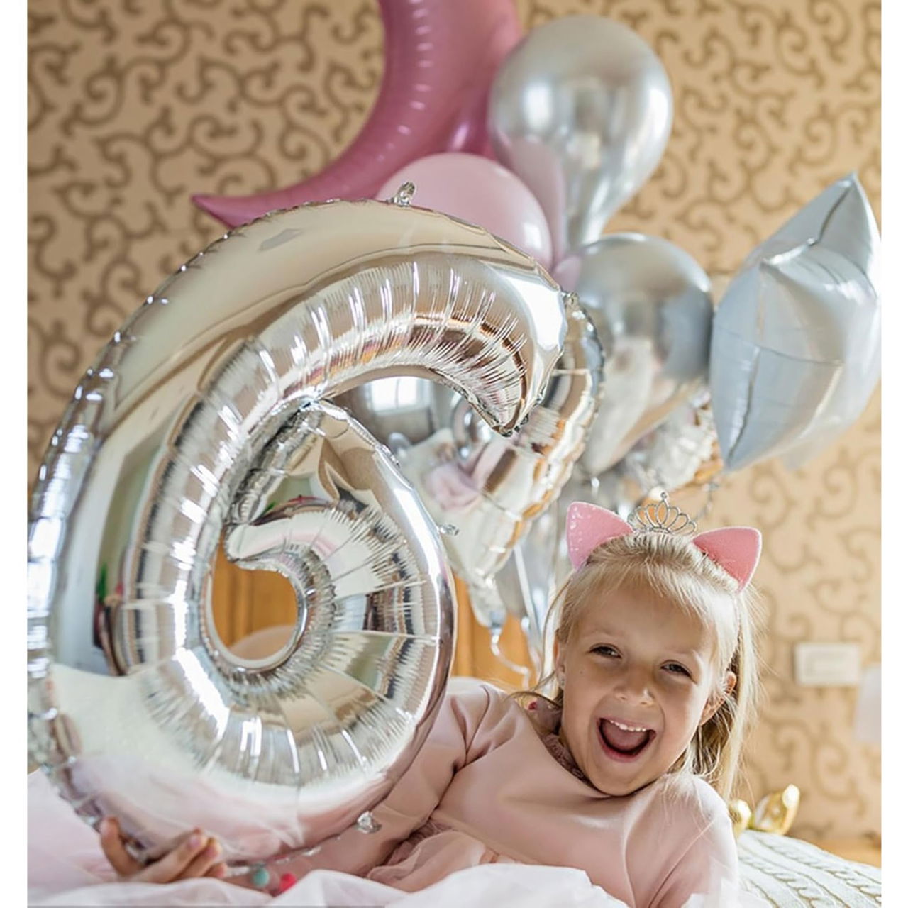 Balon din Folie Metalizata Flippy, Figurina Cifra, Tema Aniversare 40 cm, Ambalaj Individual, Pai inclus, Umflare cu Aer sau Heliu, Argintiu, Cifra 6 [5]