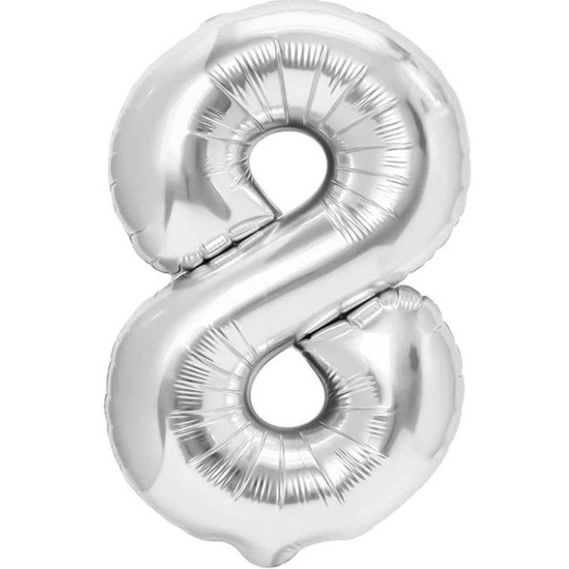 Balon din Folie Metalizata Flippy, Figurina Cifra, Tema Aniversare 40 cm, Ambalaj Individual, Pai inclus, Umflare cu Aer sau Heliu, Argintiu, Cifra 8 [1]