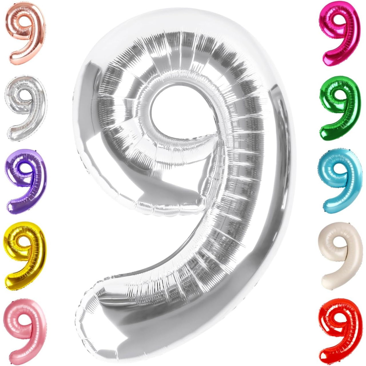 Balon din Folie Metalizata Flippy, Figurina Cifra, Tema Aniversare 40 cm, Ambalaj Individual, Pai inclus, Umflare cu Aer sau Heliu, Argintiu, Cifra 9 [5]